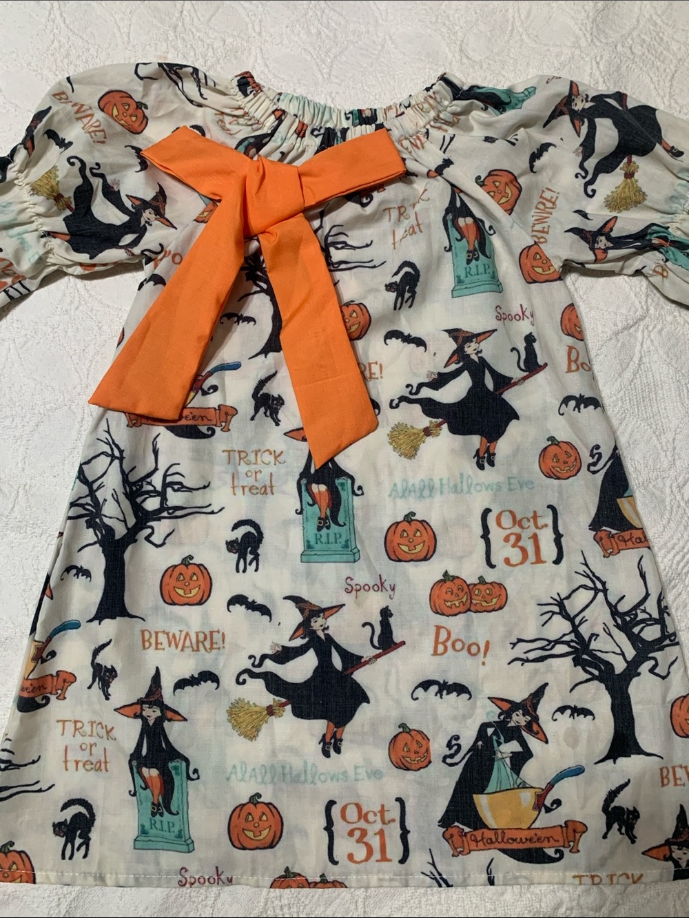 Girls' Halloween Witch Print Dress with Orange Bow